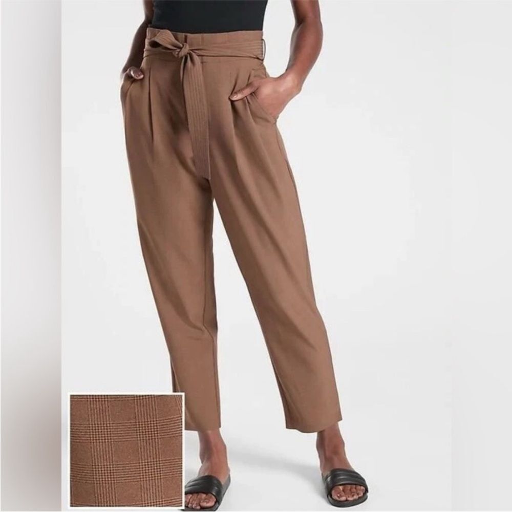 Athleta Skyline Plaid Pant II Sz 6 Brown Office Career Paperbag Belted Academia